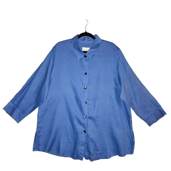 Caroline Rose Women's Blue Gabardine 100% Linen Button Down Shirt Top Size 2X - Picture 1 of 7
